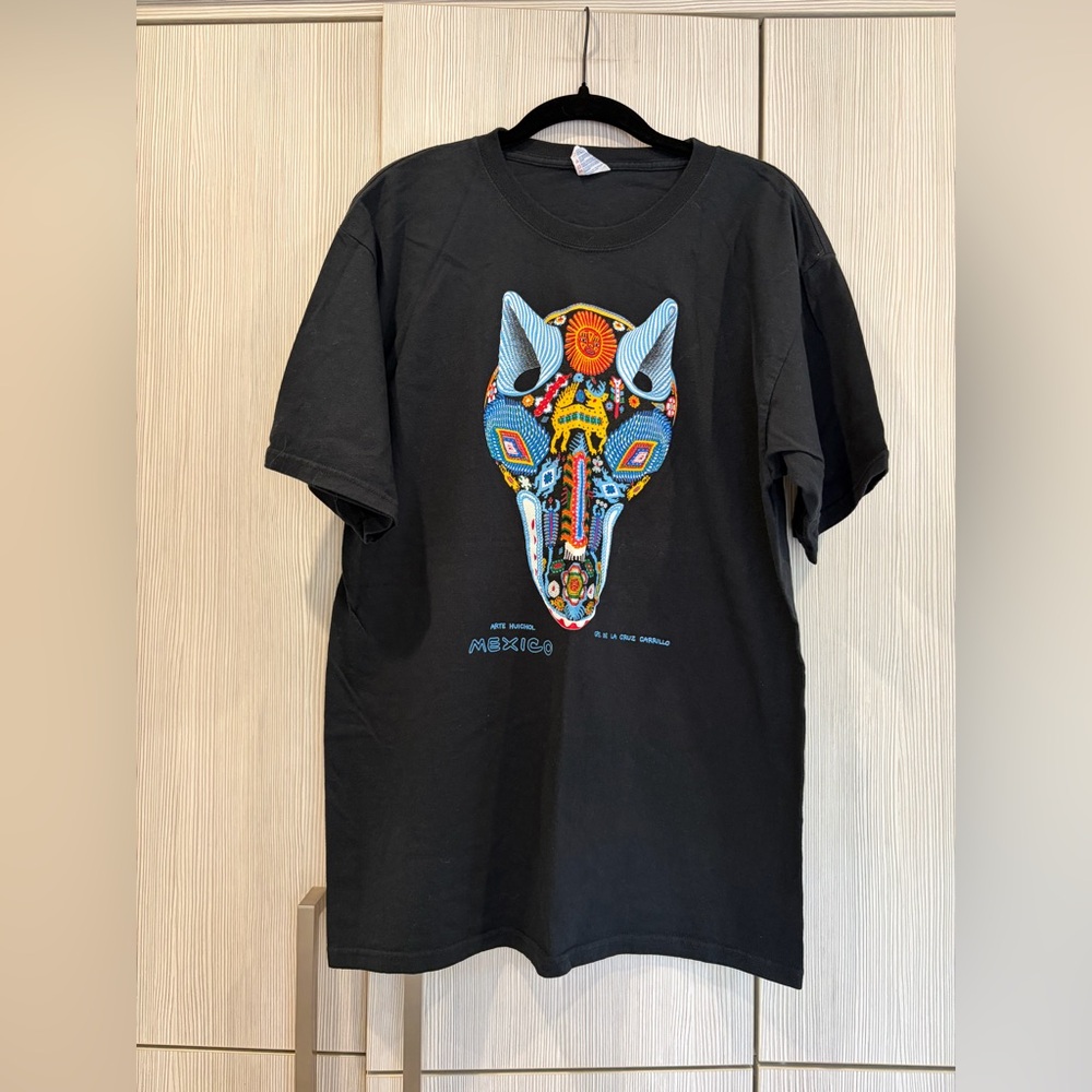 MEN'S SALE Mexico Huichol Art Graphic‎ T-Shirt Black Textured Print Size L